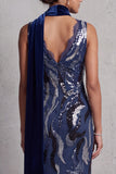 Abito lungo di merletto in pizzo blu navy sirena con drappeggio