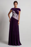 Velluto prugno scollo battuto arricciato paillettes abito lungo A Mother of the Bride con perline