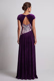 Velluto prugno scollo battuto arricciato paillettes abito lungo A Mother of the Bride con perline