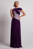 Velluto prugno scollo battuto arricciato paillettes abito lungo A Mother of the Bride con perline