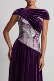 Velluto prugno scollo battuto arricciato paillettes abito lungo A Mother of the Bride con perline