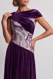Velluto prugno scollo battuto arricciato paillettes abito lungo A Mother of the Bride con perline