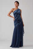 Velluto blu navy con una spalla abito asimmetrico di chiffon sirena Madre della Sposa