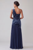 Velluto blu navy con una spalla abito asimmetrico di chiffon sirena Madre della Sposa