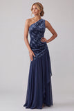Velluto blu navy con una spalla abito asimmetrico di chiffon sirena Madre della Sposa