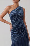 Velluto blu navy con una spalla abito asimmetrico di chiffon sirena Madre della Sposa