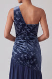 Velluto blu navy con una spalla abito asimmetrico di chiffon sirena Madre della Sposa