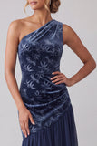 Velluto blu navy con una spalla abito asimmetrico di chiffon sirena Madre della Sposa