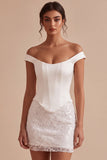 Mini Abito Bianco Bodycon in Pizzo Floreale a Spalla Scoperta
