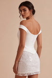 Mini Abito Bianco Bodycon in Pizzo Floreale a Spalla Scoperta