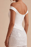 Mini Abito Bianco Bodycon in Pizzo Floreale a Spalla Scoperta