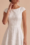 Abito da fidanzamento lungo Bateau Jacquard bianco a linea A con maniche a cappuccio