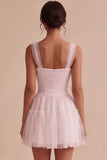 Abito corto bianco in tulle a linea quadrata scollo arricciato