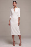 Abito da fidanzamento Midi bianco a V-Neck con maniche a 3/4