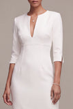 Abito da fidanzamento Midi bianco a V-Neck con maniche a 3/4