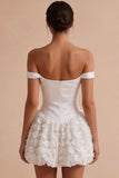 Corsetto a A a Spalla Mini Abito Bianco con Applicazioni Floreali