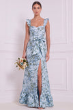 Vestito da damigella lunga con fiocco fiore blu polveroso sirena e fiocco