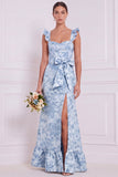 Vestito da damigella lunga con fiocco fiore blu polveroso sirena e fiocco