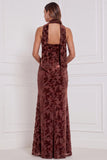 Espresso Burnout Velvet Jacketless Abito da damigella lungo con sciarpa al collo