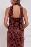 Espresso Burnout Velvet Jacketless Abito da damigella lungo con sciarpa al collo
