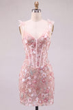 Corsetto rosa, corsetto floreale aderente, vestito corto del ritorno a casa, con pizzo sulla schiena