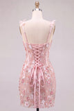 Corsetto rosa, corsetto floreale aderente, vestito corto del ritorno a casa, con pizzo sulla schiena