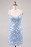 Abito corto corto floreale blu chiaro Bodycon con paillettes