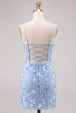Abito corto corto floreale blu chiaro Bodycon con paillettes