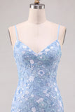 Abito corto corto floreale blu chiaro Bodycon con paillettes