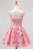 Abito corto rosa a scollo quadrato a fiori con paillettes