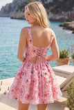 Abito corto rosa a scollo quadrato a fiori con paillettes