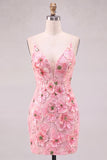 Vestito rosa a V, a fiori, corto aderente e all'inizio a casa, con pizzo e schiena