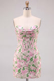 Corsetto Bodycon Jacquard Mini cocktail Abito di Ritorno a Casa Rosa Floreale