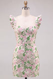 Vestito Mini cocktail Mini Bodycon con maniche flutter rosa Jacquard floreale