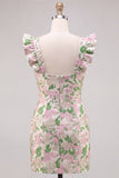 Vestito Mini cocktail Mini Bodycon con maniche flutter rosa Jacquard floreale