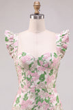 Vestito Mini cocktail Mini Bodycon con maniche flutter rosa Jacquard floreale