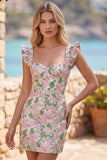 Vestito Mini cocktail Mini Bodycon con maniche flutter rosa Jacquard floreale