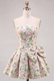 Abito corto di ritorno rosa a A-Line senza spalline Floreale Jacquard con fiocco