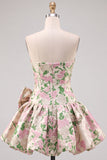 Abito corto di ritorno rosa a A-Line senza spalline Floreale Jacquard con fiocco