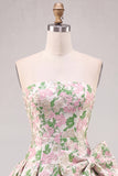 Abito corto di ritorno rosa a A-Line senza spalline Floreale Jacquard con fiocco