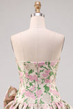 Abito corto di ritorno rosa a A-Line senza spalline Floreale Jacquard con fiocco