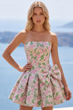 Abito corto di ritorno rosa a A-Line senza spalline Floreale Jacquard con fiocco