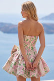 Abito corto di ritorno rosa a A-Line senza spalline Floreale Jacquard con fiocco