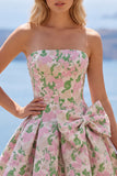 Abito corto di ritorno rosa a A-Line senza spalline Floreale Jacquard con fiocco