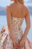 Abito corto di ritorno rosa a A-Line senza spalline Floreale Jacquard con fiocco