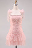 Abito corto di cocktail a line a perline rosa in tulle perlate rosa con volant