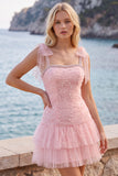 Abito corto di cocktail a line a perline rosa in tulle perlate rosa con volant