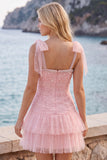 Abito corto di cocktail a line a perline rosa in tulle perlate rosa con volant