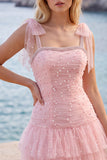 Abito corto di cocktail a line a perline rosa in tulle perlate rosa con volant