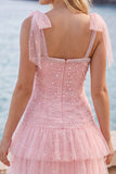 Abito corto di cocktail a line a perline rosa in tulle perlate rosa con volant